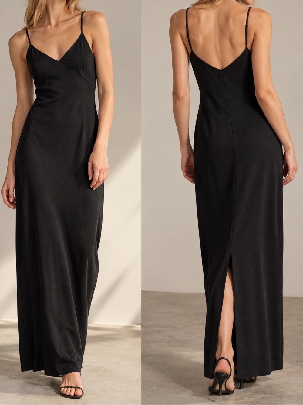Black 90s Minimalist Slip Maxi Dress Built-In Underwire Bra Size M